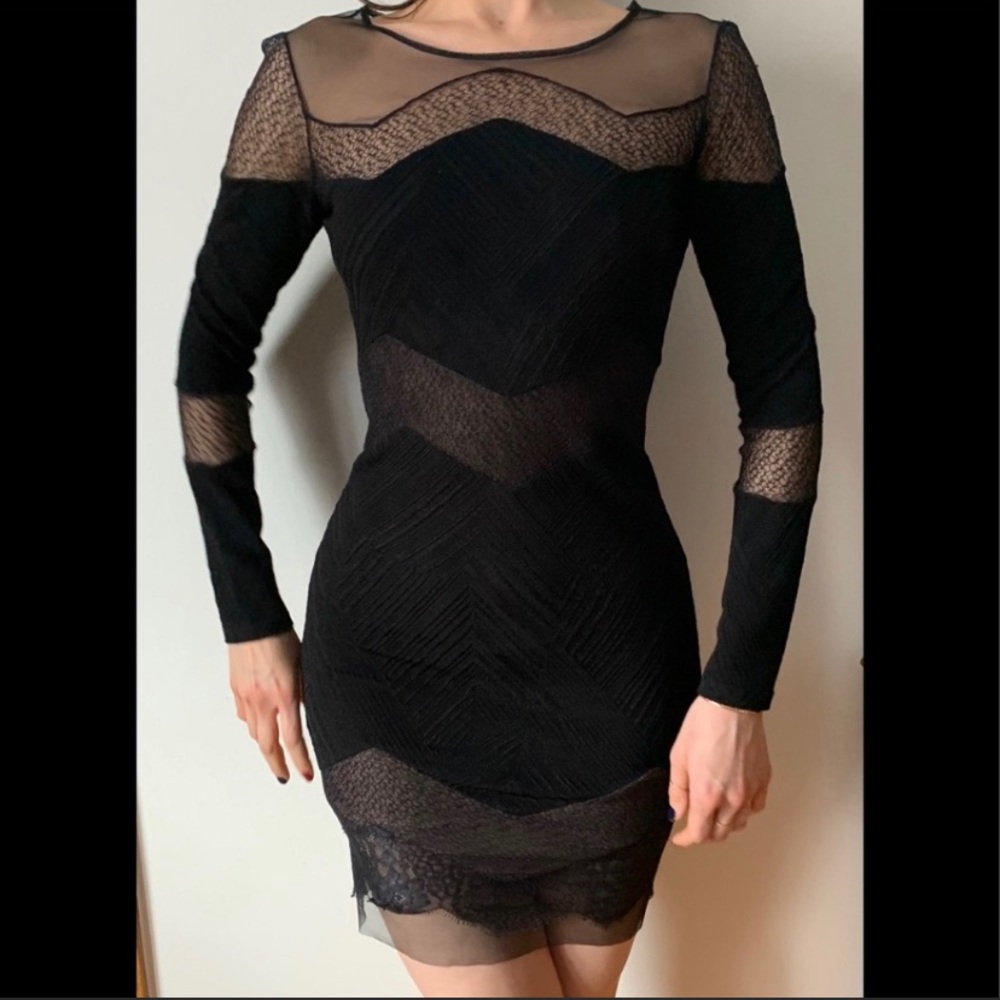 BCBG black long sleeve lace and gauze decor